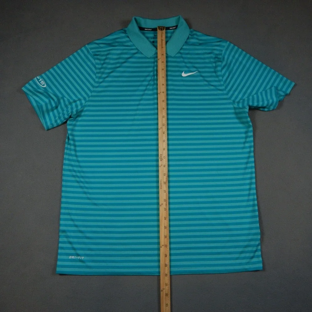 Nike Golf Polo Shirt Mens L Blue Green Striped Dri-Fit Short Sleeve Tour 18 Logo